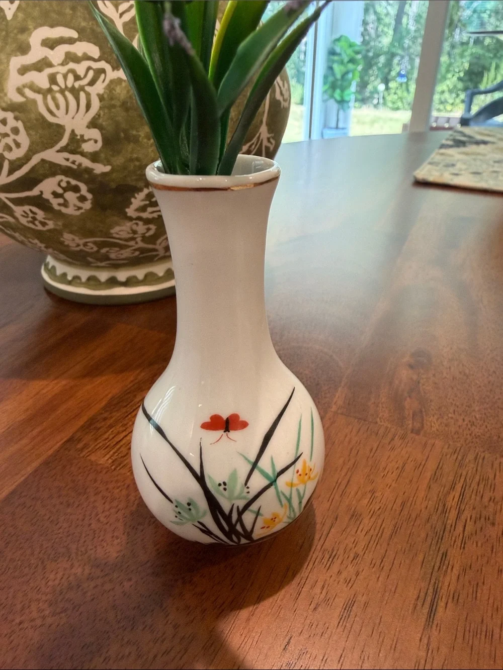 White Ceramic Floral Bud Vase with Scalloped Dish - Hand-Painted Design